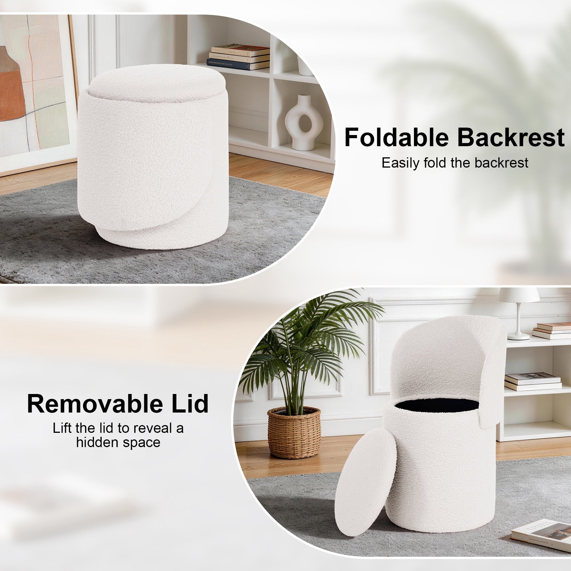 GEEYOO Modern Round Vanity Storage Stool,Sherpa Upholstered Ottoman with Foldable Backrest and Removable Lid,Comfy Makeup Stool for Bedroom Living Room,Beige