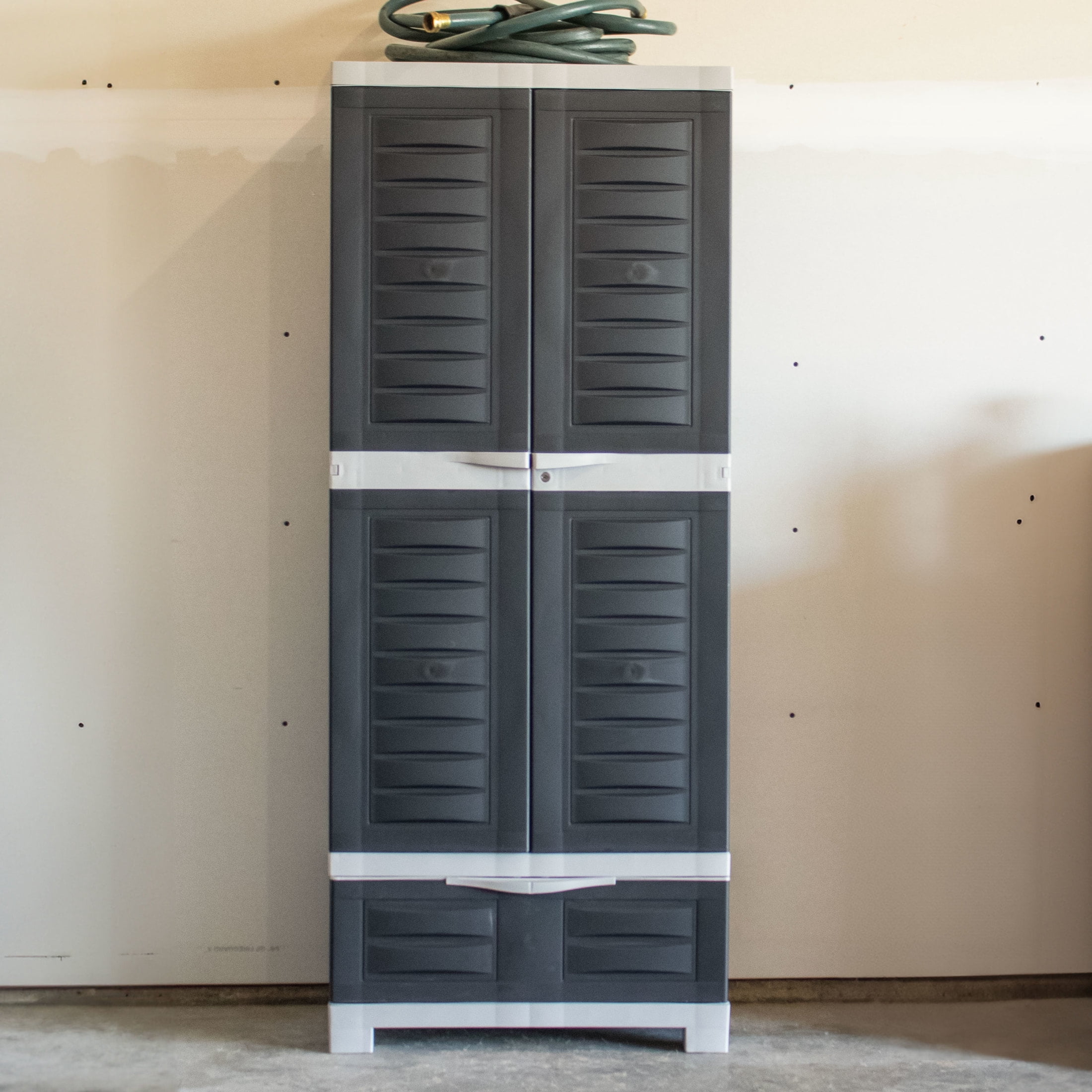 Sunnydaze Lockable Adjustable 57.5" Plastic 3-Shelf 1-Drawer Freestanding Storage Cabinet, Charcoal with Gray Trim