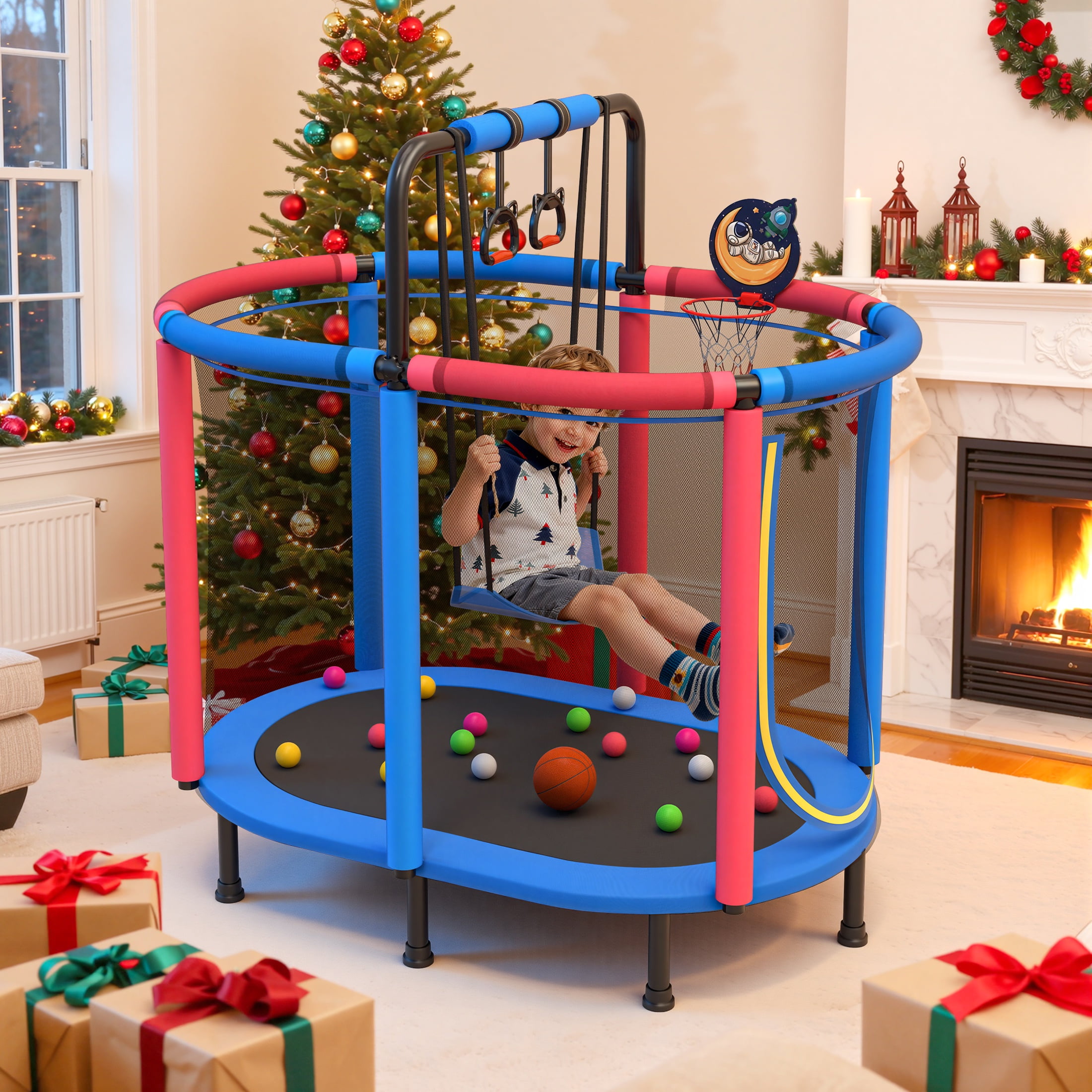 60" Toddler Trampoline with Safety Enclosure Net, SEGMART Upgraded Kids Trampoline with Basketball Hoop, Swing, Rings, Balls, Indoor Outdoor Mini Trampoline Birthday Gift for Kids Ages 3-9