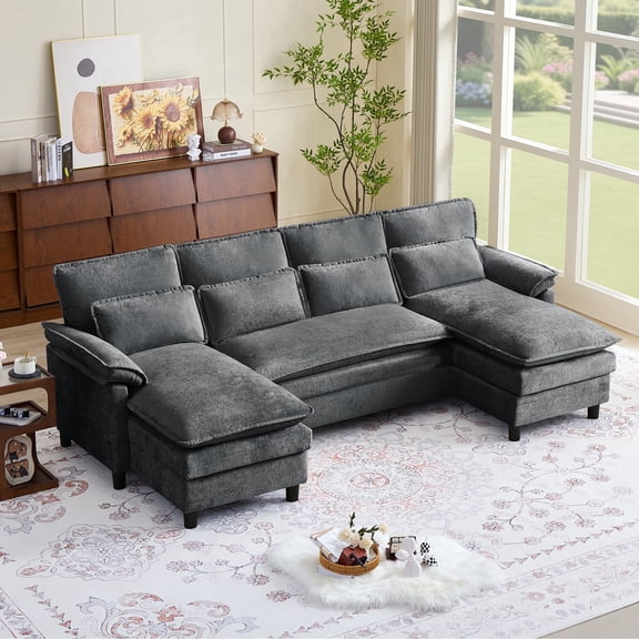 Soscana U Shaped Cloud Couch Sectional Sofa 4 Seat with Double Chaise, Modern Chenille Sofa with 4 Waist Pillows for Living Room Apartment Office Studio,Dark Gray