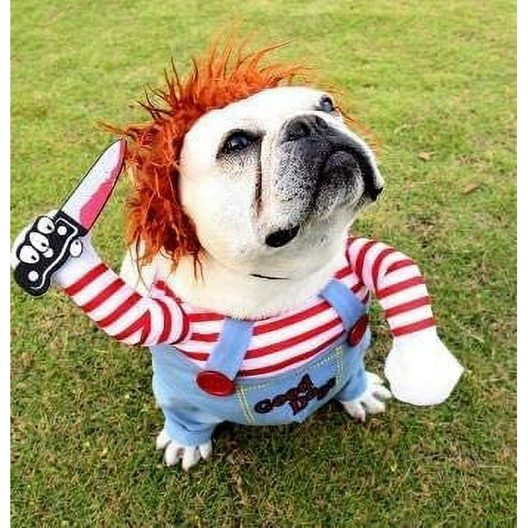 Deadly doll Dog scary dog Clothes chucky doll dog Wear a hat Funny