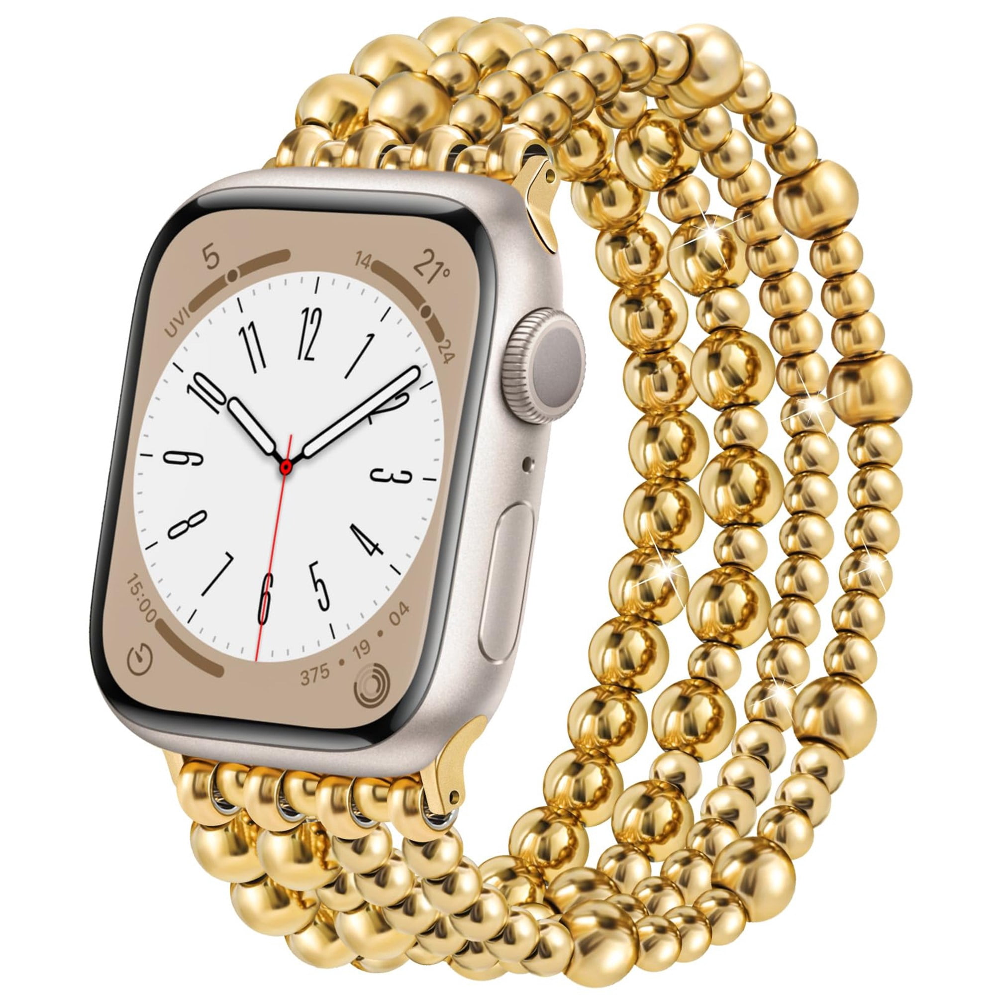 BANDOVA Beaded Bracelet Band Compatible with Apple Watch, Women's Elastic Dressy Strap, Gold,42/44/45mm