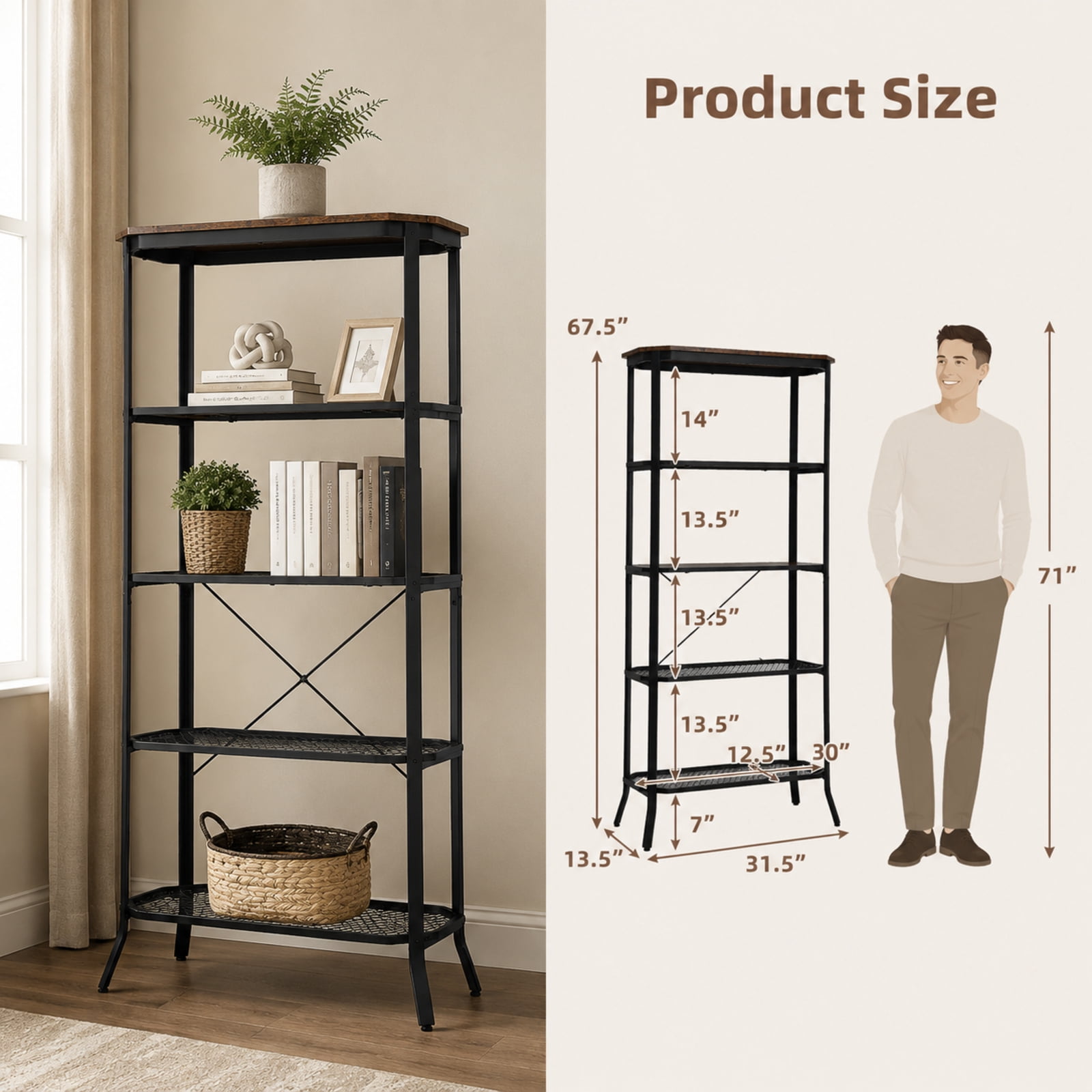 Furnibear Industrial 5-Layer Bookshelf with Out-Stretched Legs for Living Room Home Office Bedroom Display Storage Shelf, Rustic Brown
