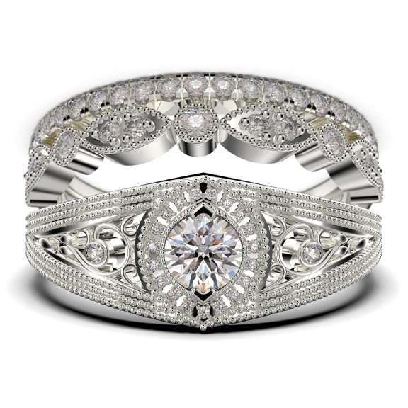 Decorative Ornament 2.25 Carat Round Cut Diamond Moissanite Unique Engagement Ring, Wedding Ring in 925 Sterling Silver With 18k White Gold Plating Promise Ring, Trio Rings Set