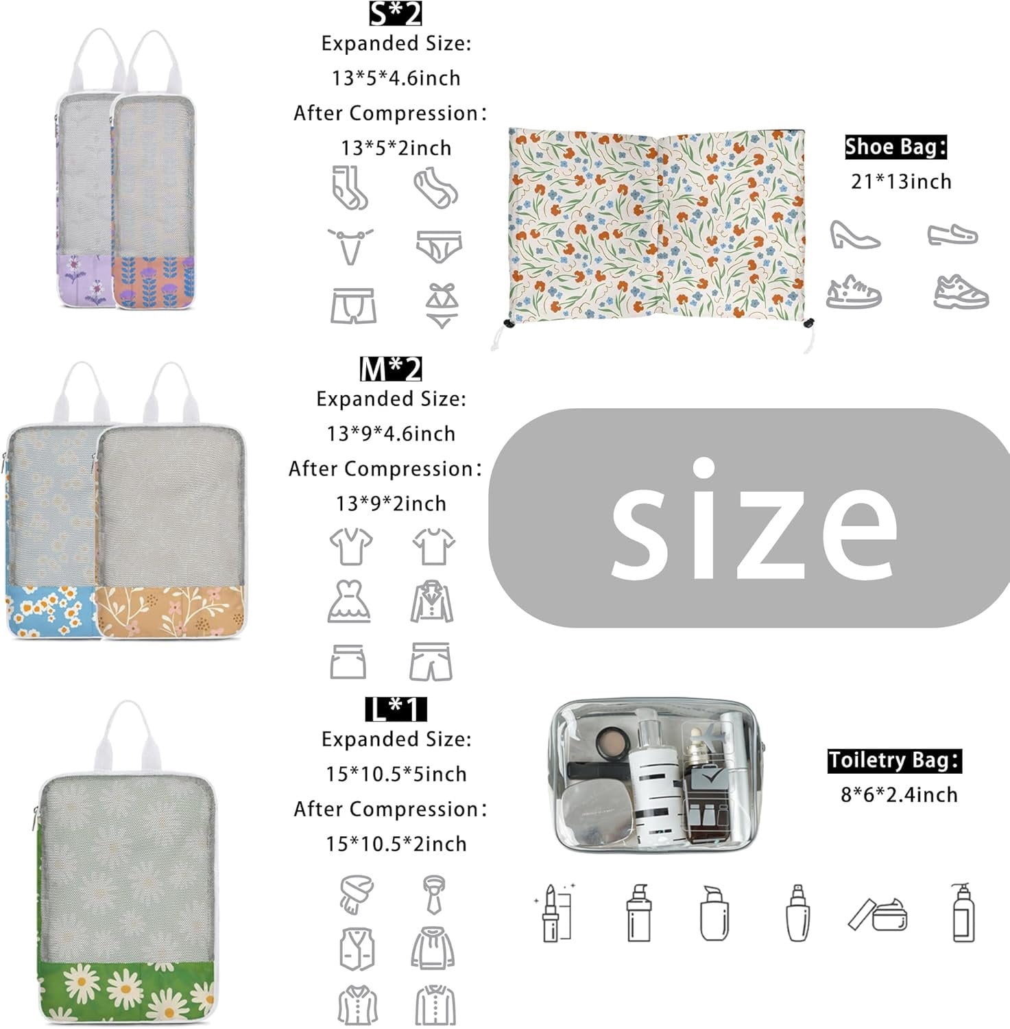 7 count Compression Packing Cubes for Travel Luggage, Lightweight Suitcase Organizer Bags Set, Compression Packaging Cube for Travel Essentials, Packing Cubes for Carry  Suitcase