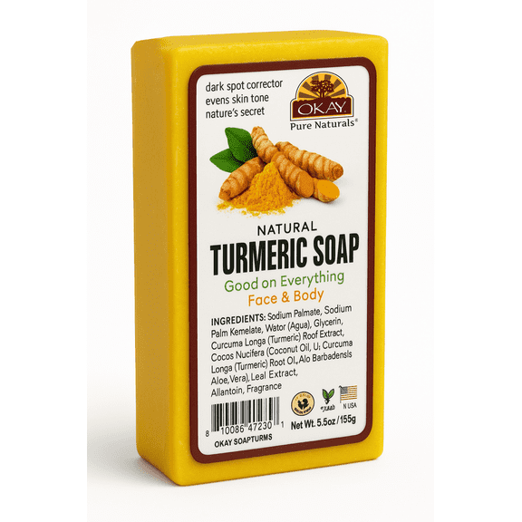OKAY Pure Naturals Turmeric Soap Bar, Brightening & Deep Cleansing Bath Soap with Turmeric Extract, Helps Even Skin Tone & Refresh Skin, Paraben & Sulfate Free, 5.5 oz