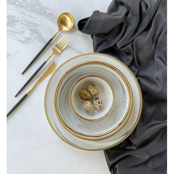 Marcel Ardani Luxury Ceramic Marble and Gold Trim Large Bowl Set of 2, 30 oz