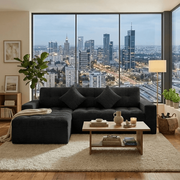 Howcool 105" Boneless Compression Sofa, L-Shaped Cloud Couch with Chaise, Modular Sectional Sofa, Deep Seat Faux Rabbit Fur Couch, No Assembly Required, 4-Seat Sofa for Living Room & Apartment,Black