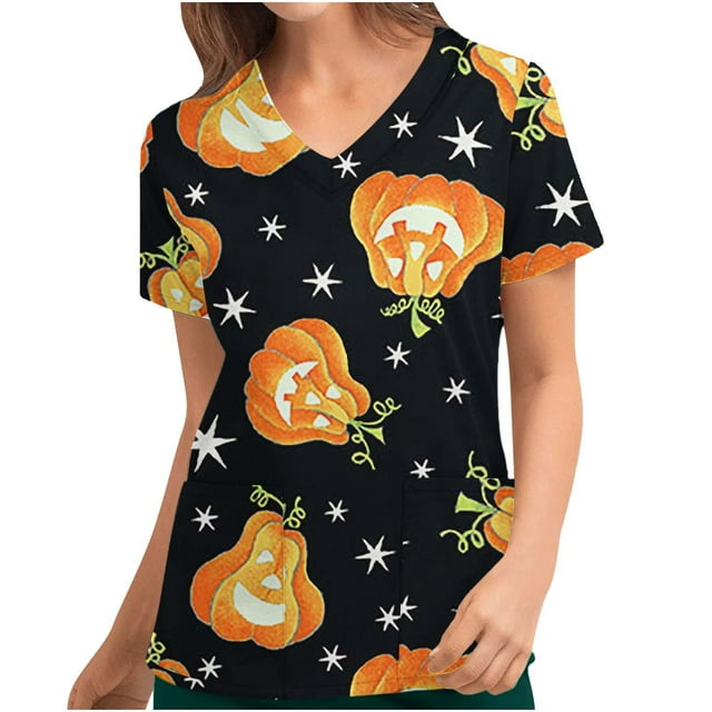 Dvkptbk Blouse Médicale pour Femmes Halloween Imprimé Citrouille Araignée avec Poches Mode Décontractée Col en V Manches Courtes