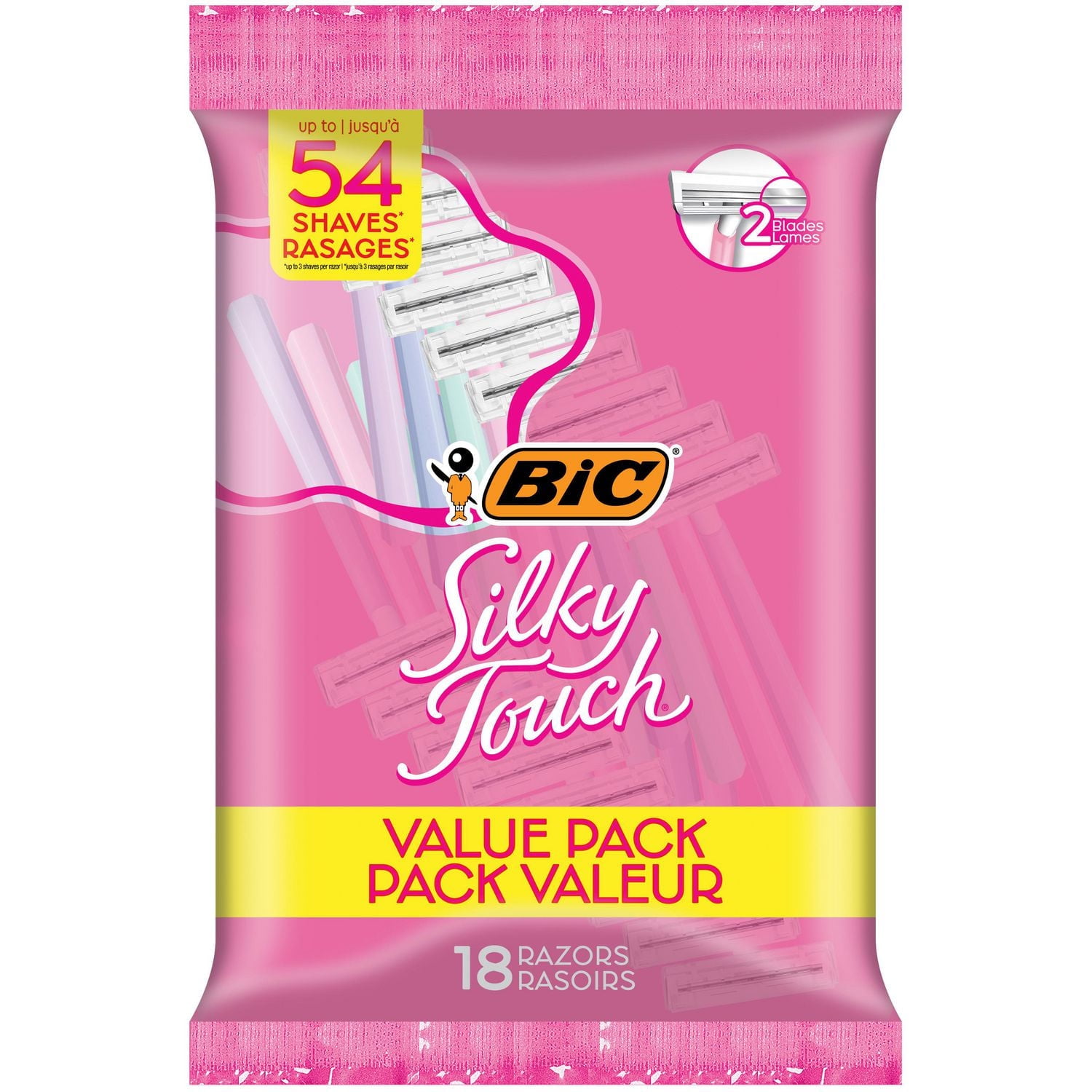 BIC Silky Touch Women's Disposable Razors, With 2 Blades, Pretty Pastel Razor Handles, 18 Count Value Pack of Shaving Razors