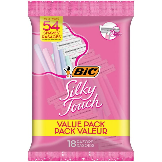 BIC Silky Touch Women's Disposable Razors, With 2 Blades, Pretty Pastel Razor Handles, 18 Count Value Pack of Shaving Razors