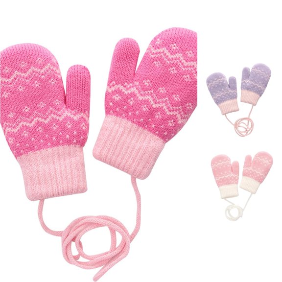 Krdevn Kids Knit Mittens Snowflake Jacquard Pattern Thermal Lined Thick Warm Anti Lost Neck Lanyard Ribbed Winter Handwear for Cold Weather Outdoor Use