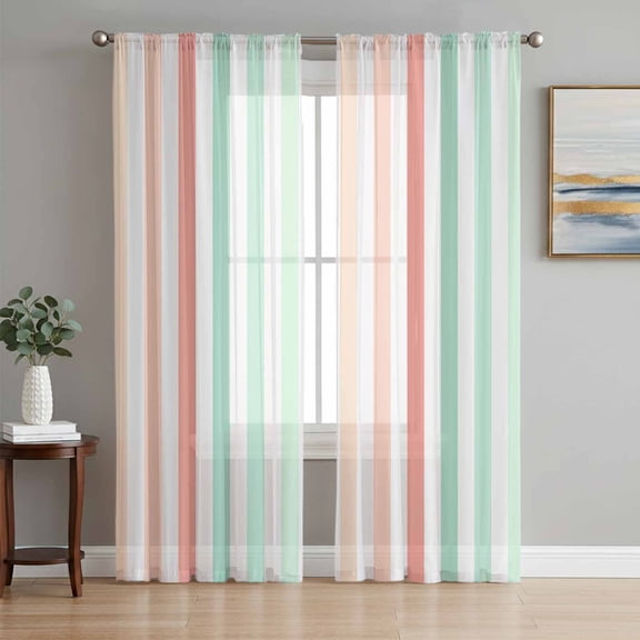 Coral Cyan Stripe Semi Sheer Curtains 72 Inch Length 2 Panels Set, Geometric Grey White Vertical Striped Sheer Kitchen Curtain Privacy Voile Window Curtain for Living Room Bedroom Rod Pocket Drapes