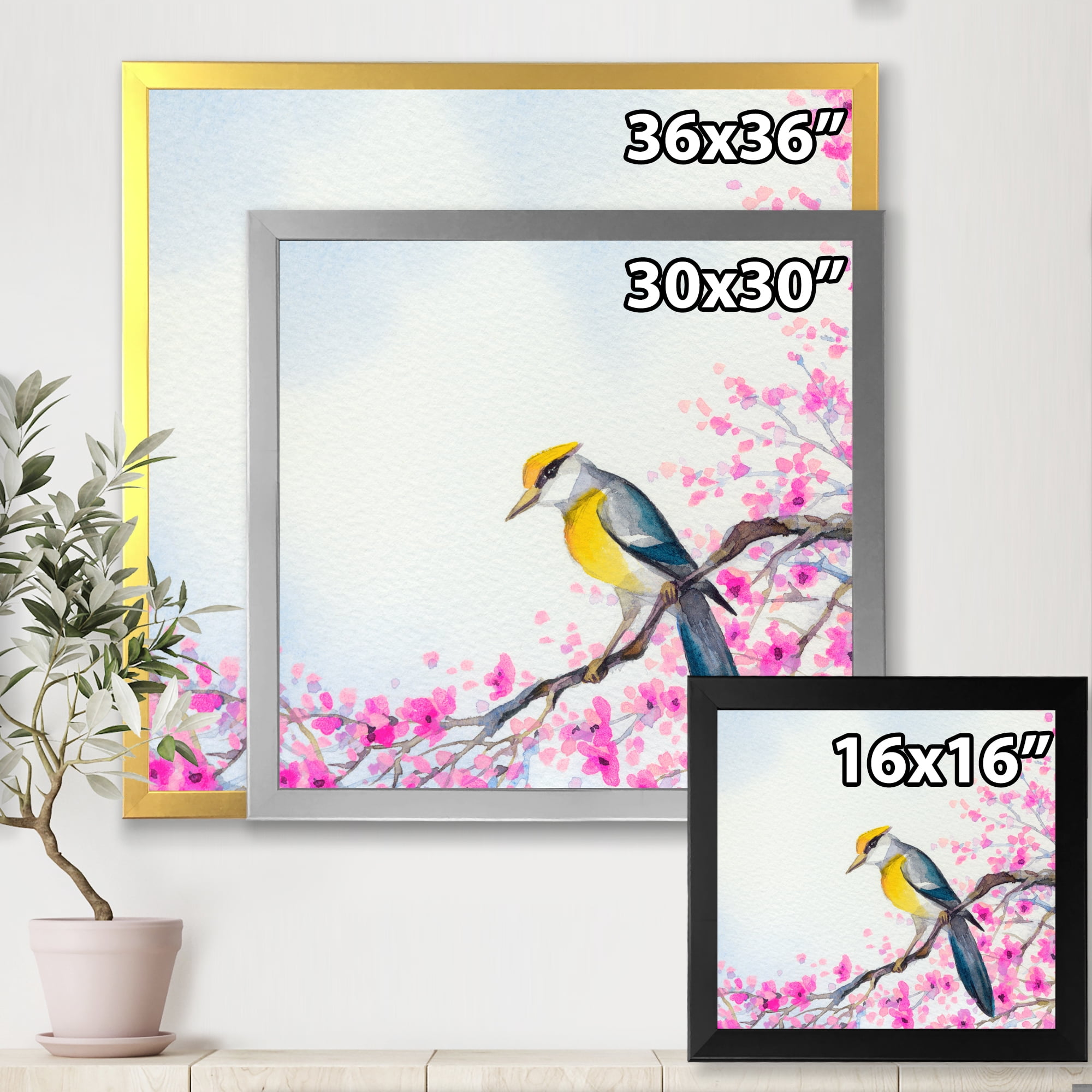 Beautiful Bird Sitting On Flowering Branch 16 in x 16 in Framed Painting Canvas Art Print, by Designart