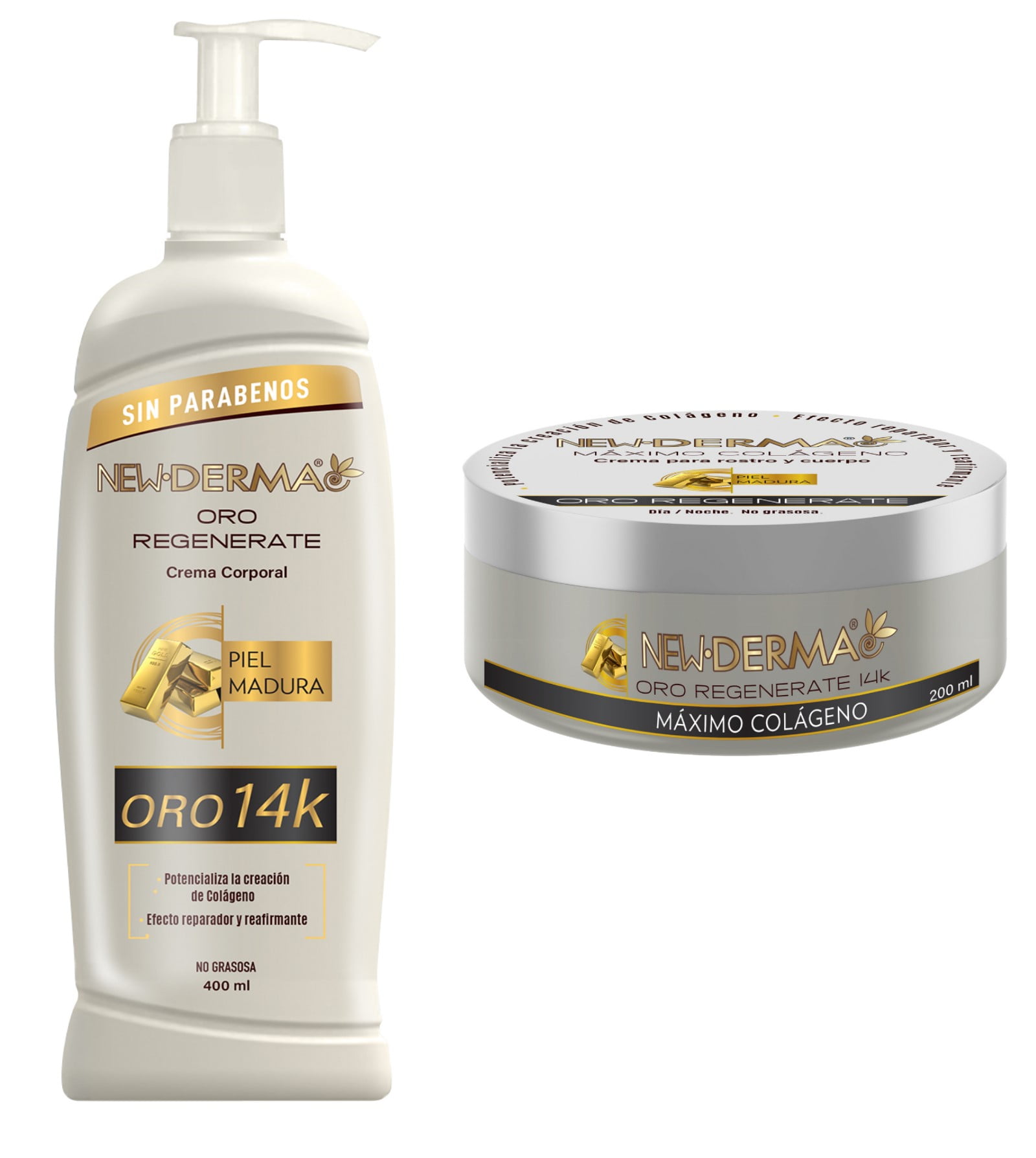 Crema Corporal New Derma Oro 14k 200 cara + 400 ml cuerpo 2 Pz Crema ...