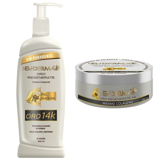 Crema Corporal New Derma Oro 14k 200 cara + 400 ml cuerpo 2 Pz Crema Corporal