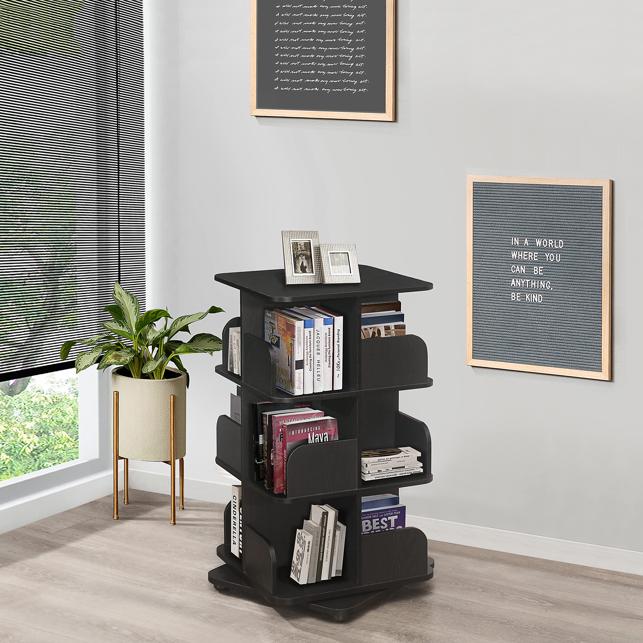 Kings Brand Furniture Wood 3 Tier Revolving Bookcase with 12 shelves for Living Room Office, Black