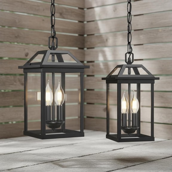 Outdoor Pendant Light with Bulbs, Modern Hanging Lantern Ceiling Mount, Waterproof Chandelier Exterior Hanging Fixture with Tempered Glass for Porch