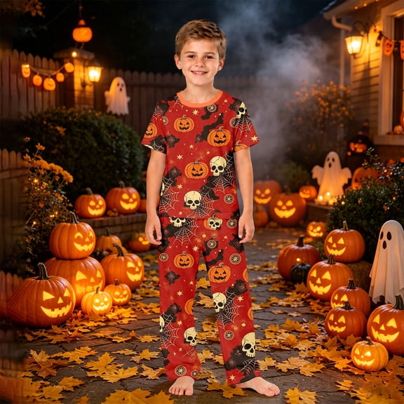 Halloween Pajamas Set for Family Castle Bat Crew Neck Funny Pjs Spider Web Ghost Spooky Wide Leg Pajamas, Kids:6 Years
