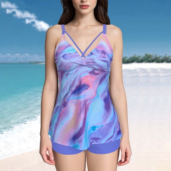 Tankini Set, Women Plus Size Tankini Swimsuits Two Piece Color Block Cutout Flowy Tummy Bathing Suits With Shorts,Purple Women Nylon Swimwears S