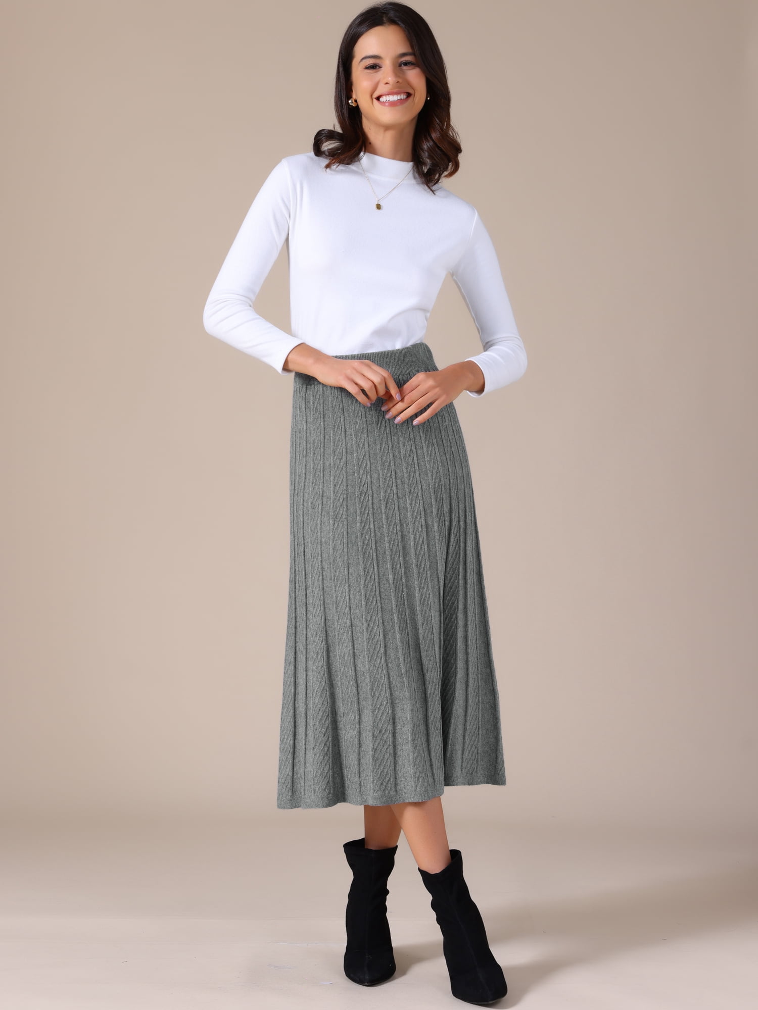 DARING DIVA Women's Sweater Pleated A Line Knit Midi Skirt Large Grey