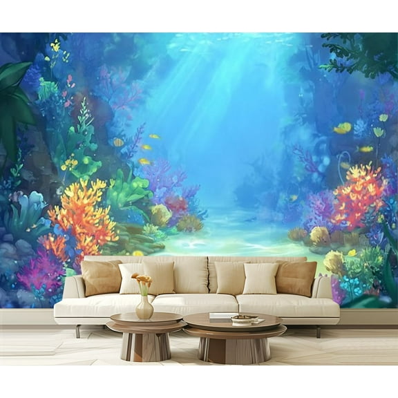Peel and Stick Wallpaper Mysterious Peaceful Undersea World Video Games CG Modern Art Wall Mural Decor Self Adhesive and Removable 69in x 98in