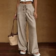 thumbnail image 5 of Textilo Womens Summer Casual Striped Pants Wide Leg Drawstring Pant with Pockets Elastic Waist Trousers Summer Beach Vacation Comfy Lounge Boho Clothes,Khaki 2XL, 5 of 5