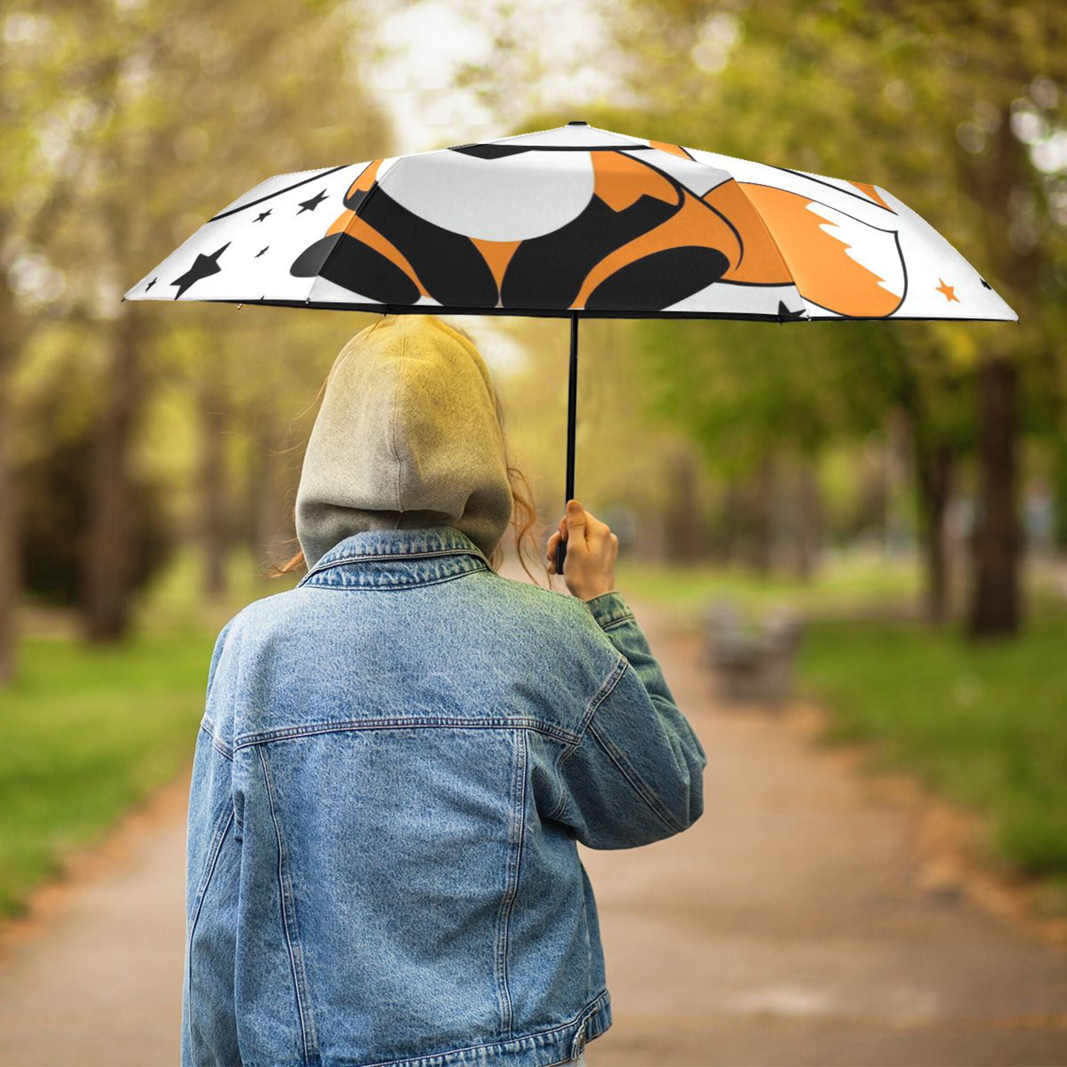Cute Fox with Crown Stars All Weather Umbrella Triple Folding Parasol 6 Ribs UV Protection Portable