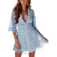 thumbnail image 1 of SURJDE Womens Spring Summer Deep V Neck Ruffle Long Sleeve Floral Print Mini Dress, 1 of 5