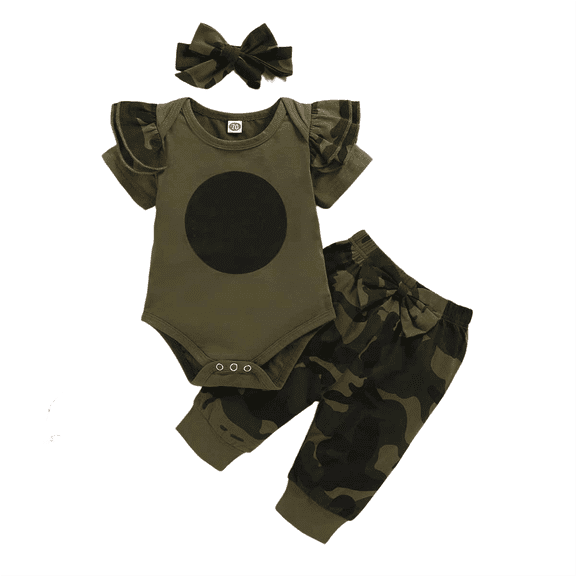 EnJoCho Matching Set Toddler Girls Summer Suit Haji Crawl Suit Romper Top Camouflage Pants Hairband 3PCS Set Casual Wear Little Girl Fashion Clothing Set 12-18 Months