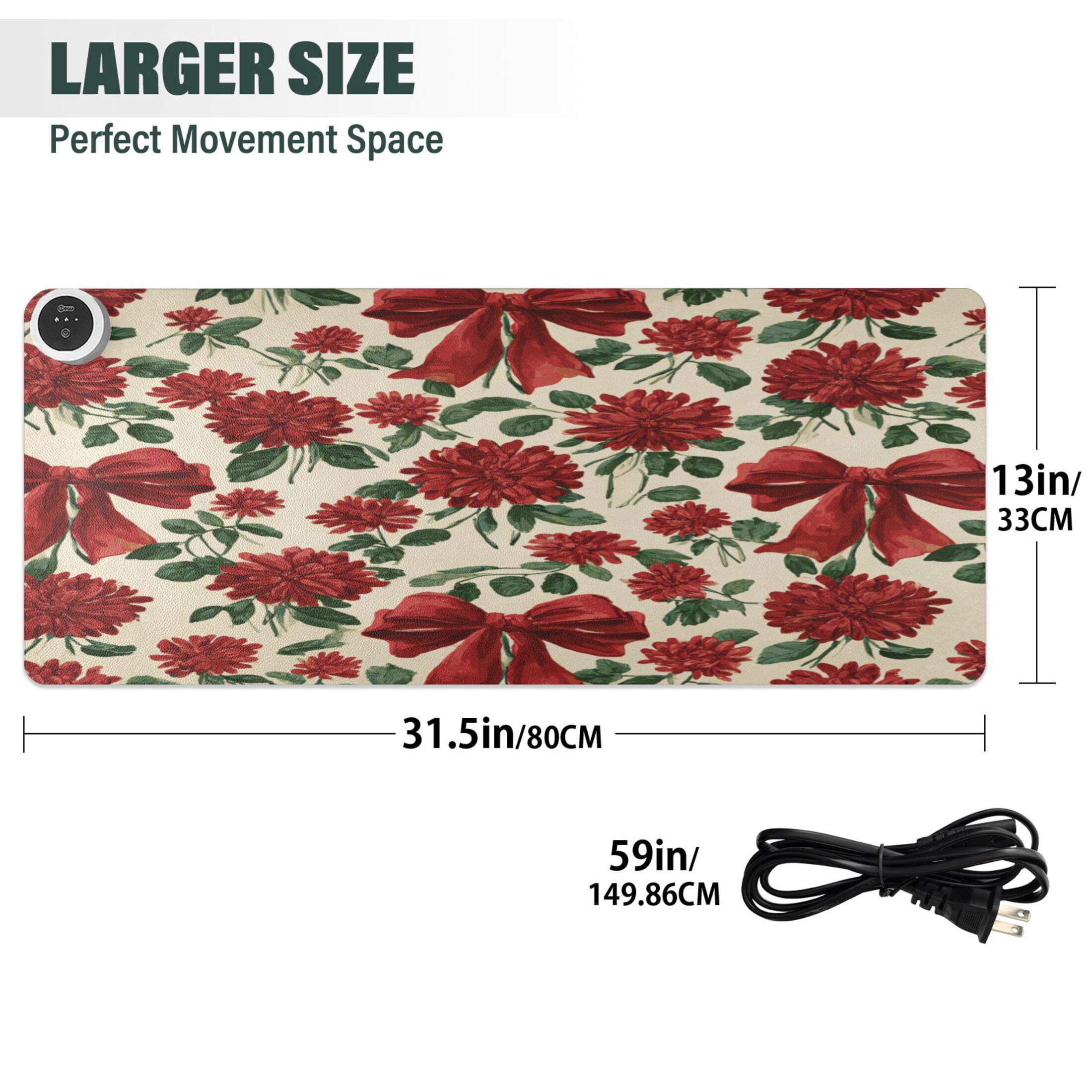 Large Heated Desk Mat Mouse Pad 31.5"x13"PU Leather Graphene Heating Desk Warmer with 3 Temperature Settings 110V US Plug Non-Slip Warm Pad for Home, Office, and Gaming Red Christmas Bows and Floral
