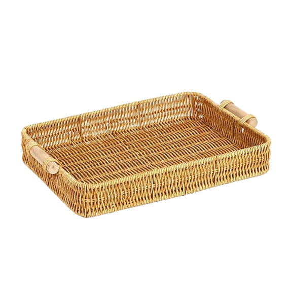 COM1950s Plastic Rattan Storage Basket, Woven Serving Tray with Wooden Handles, Rectangular Decorative Tray for Coffee Table, Farmhouse Boho Home Decor, Kitchen Counter Organization Bin