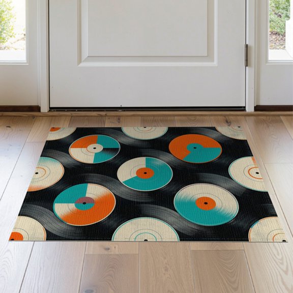 ODIKA 2'x3' Washable Accent Rug Pet Friendly, Bedside Mat Disc Vinyl Cd Record Retro Stacked Discs Bold Spinning Groove for Bedroom, Nursery, RV