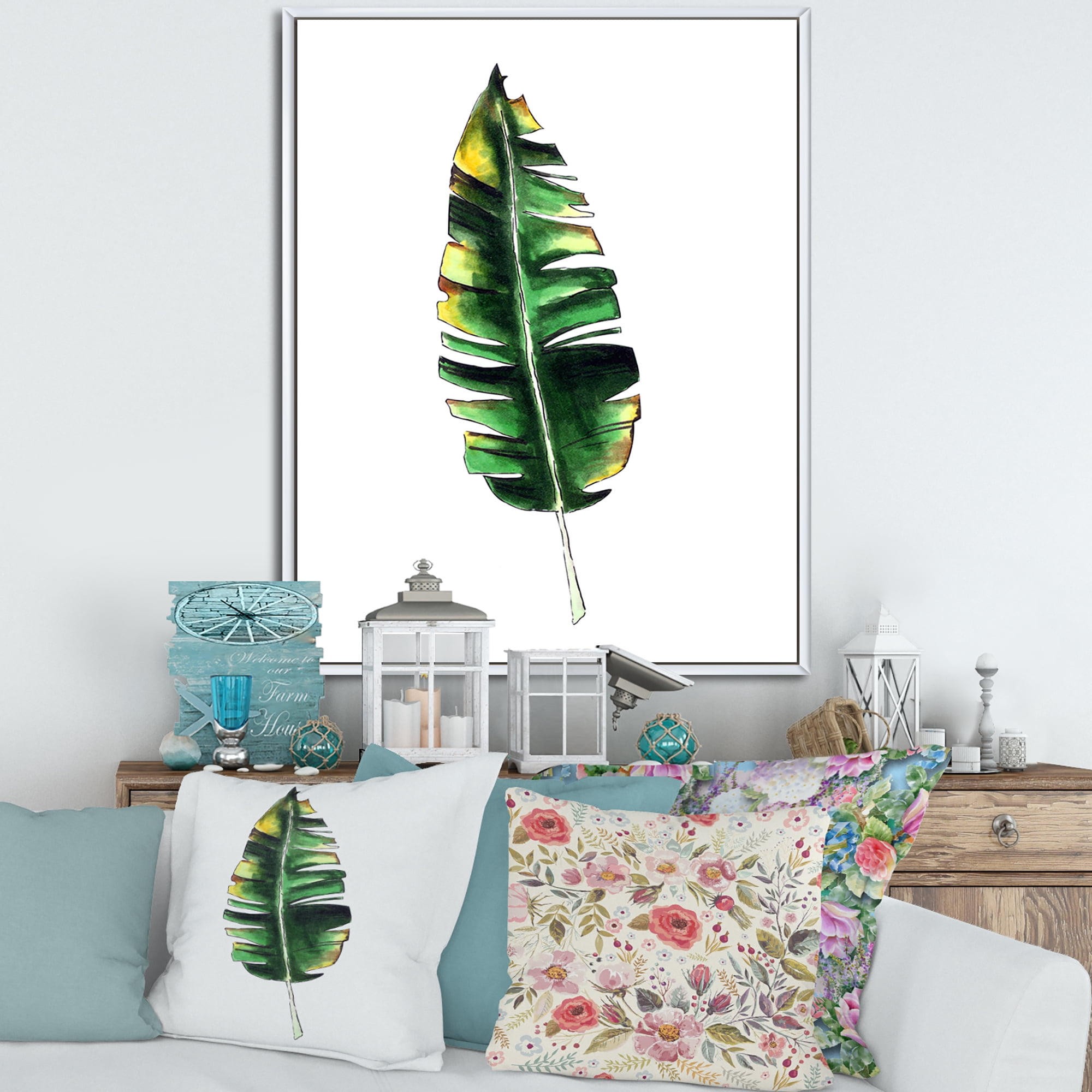 Designart 'Single Banana Leaf On White' Bohemian & Eclectic Framed Canvas Wall Art Print