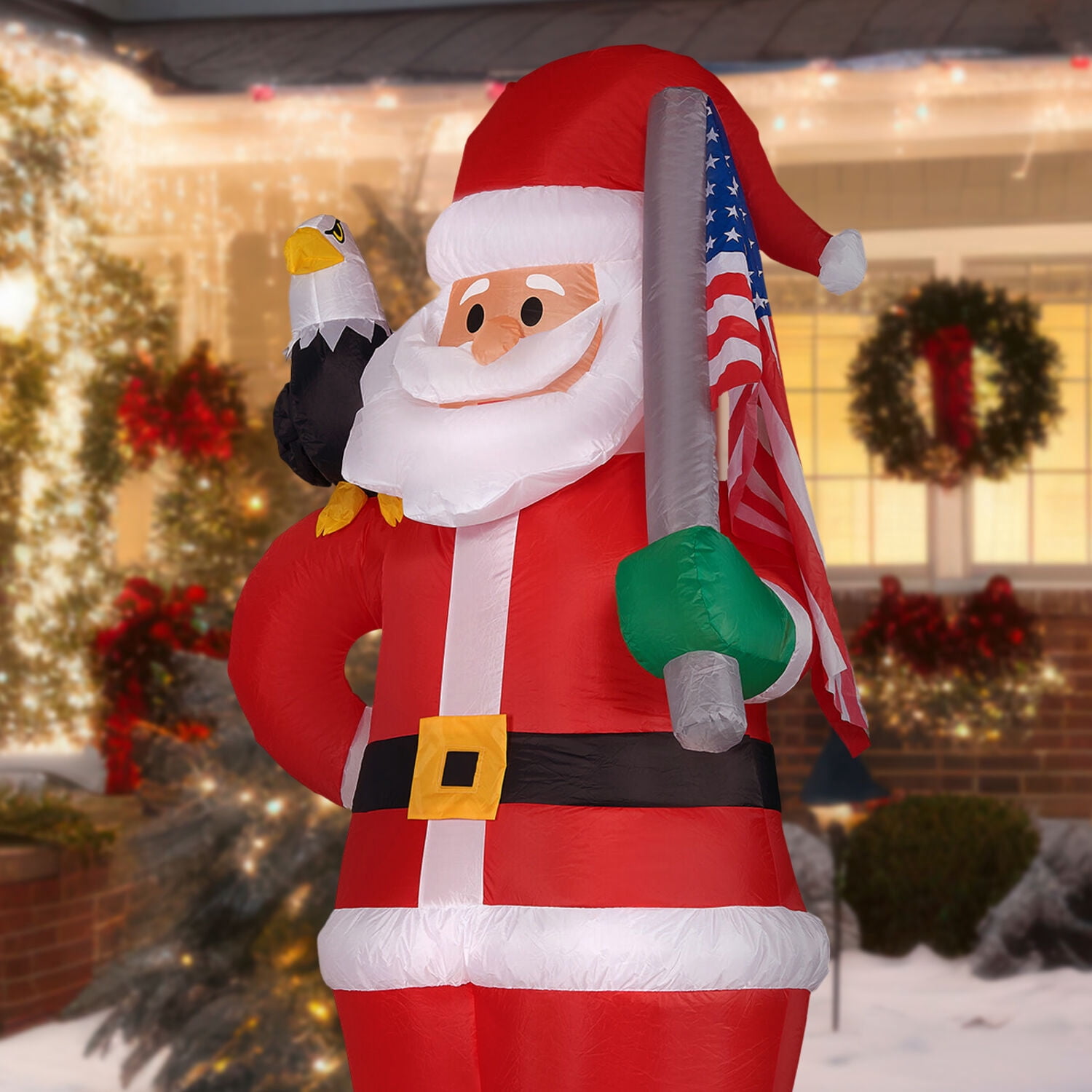 Fraser Hill Farm 8 ft Tall Americana Santa Inflatable with Eagle and American Flag, FHFSANTA081-L