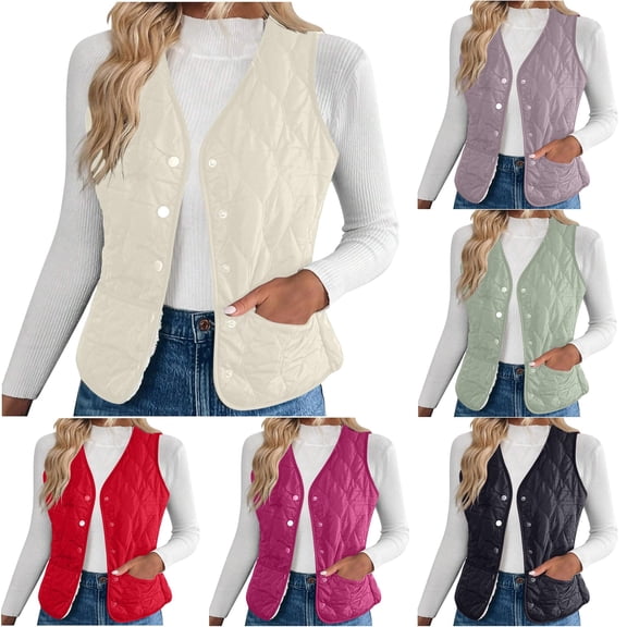 Unir Sherpa Lined Quilted Vest for Women, V Neck Snap Button Sleeveless, Casual Warm Winter Layering Outerwear, 1 Piece, L-5XL, Plus Size Friendly