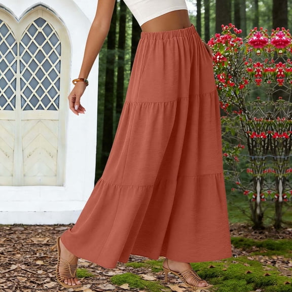 Vmvidoty Women’s Summer Boho Flowy Tiered A-Line Maxi Skirt Elastic Waist Ruffle Beach Long Skirts with Pockets Watermelon Red L