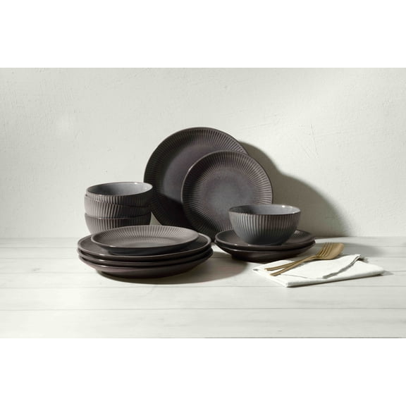 Better Homes & Gardens Sawyer 12-Piece Stoneware Dinnerware Set Grey