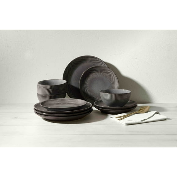 Better Homes & Gardens Sawyer 12-Piece Stoneware Dinnerware Set Grey