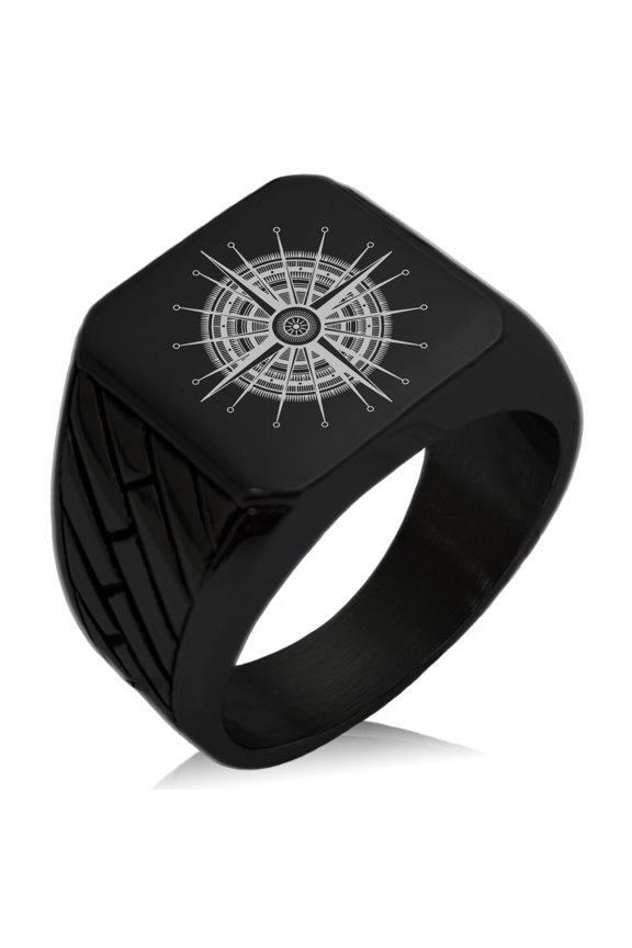 Stainless Steel Nautical Needle Dial Compass Geometric Pattern Biker Style Polished Ring