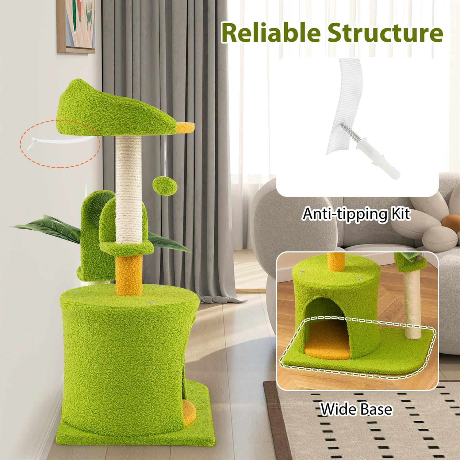Pefilos Cute Palm Cat Tree for Indoor Cats, Artificial Leaves & Sisal Scratching Posts, Ear-shaped Perch, Green