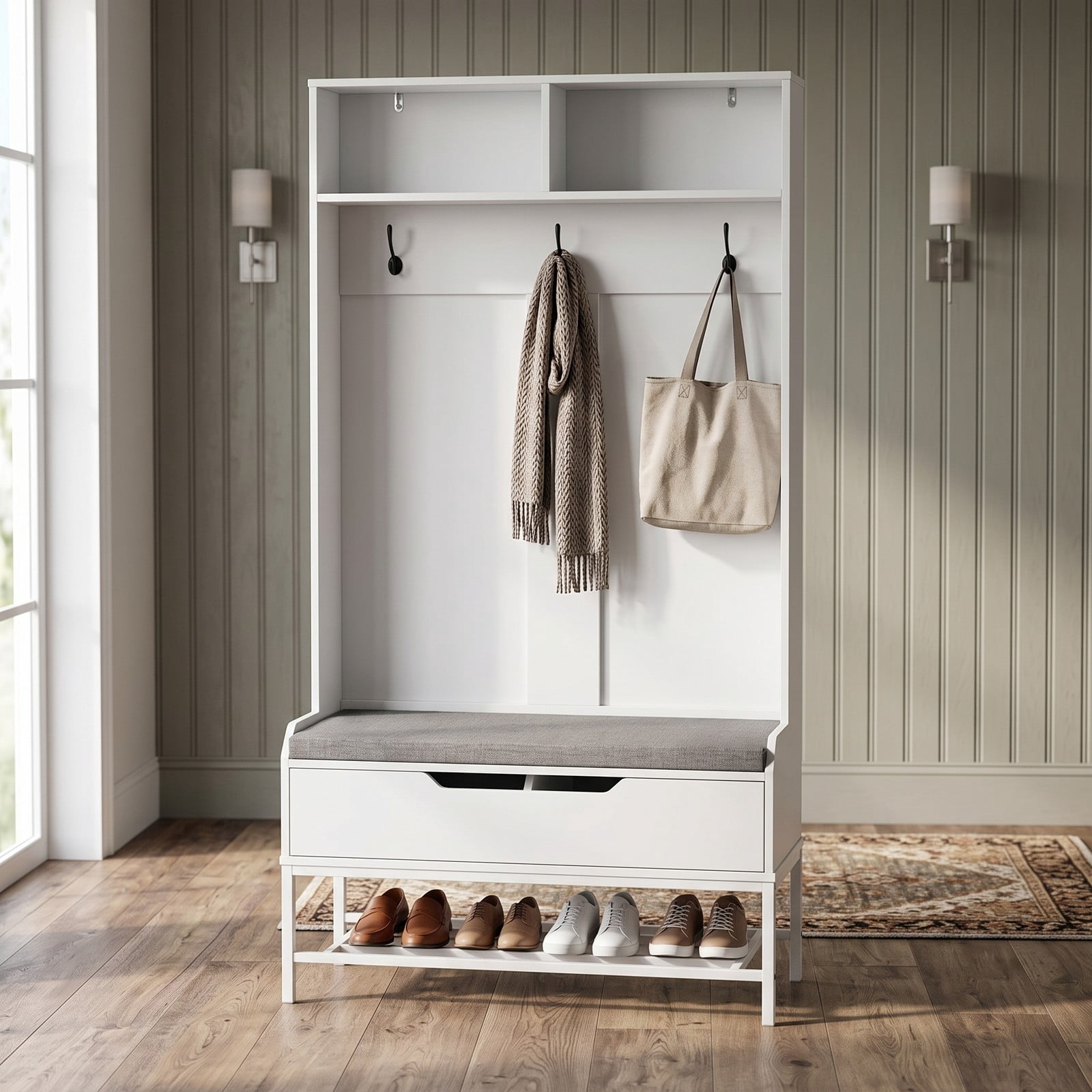 Furnibear 69 Inch Tall Hall Tree 4 in 1 Coat Rack with Cushioned Storage Bench 3 Hooks and Shoe Rack for Entryway, White