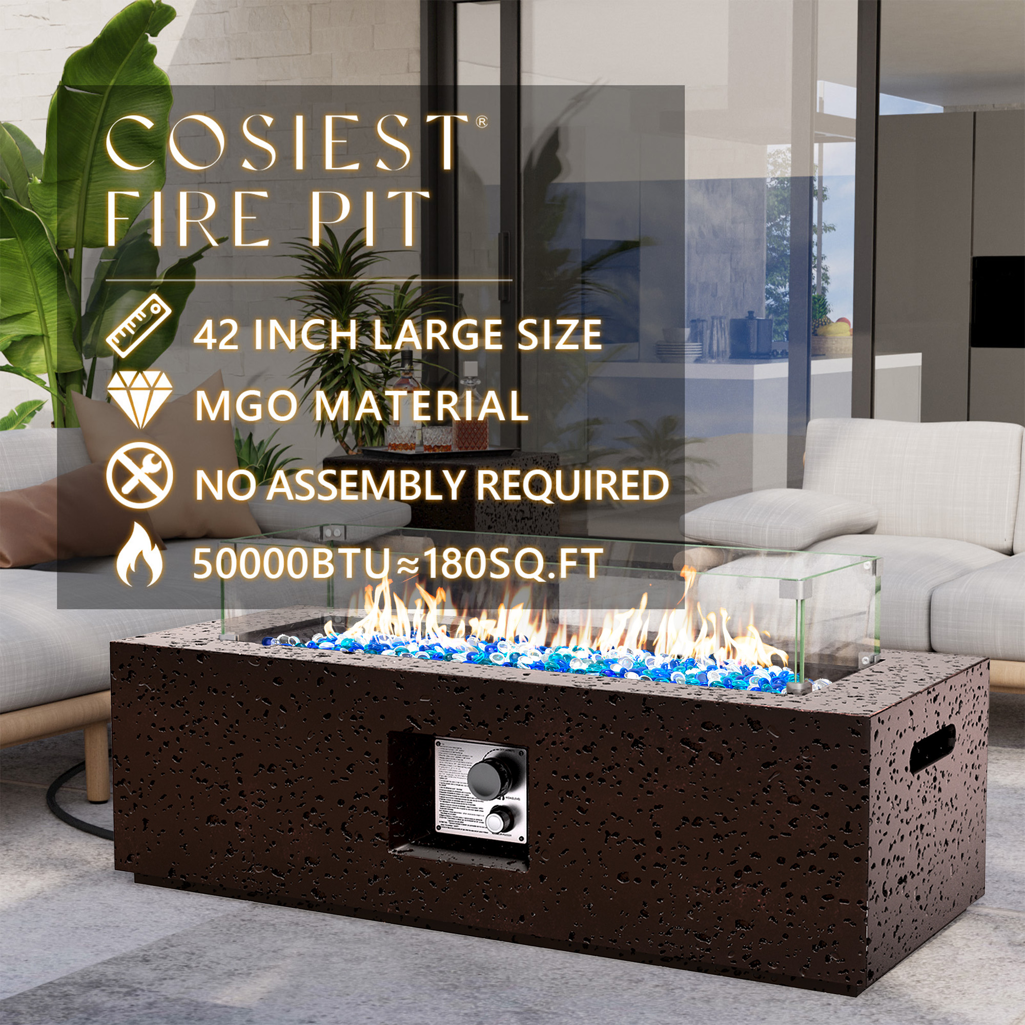 COSIEST 42" Rectangular Propane concrete Fire Pit Table with Wind Guard, Tank Table & Fire Glass​​