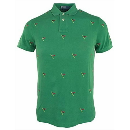 Men's Custom-Fit Allover Flag Embroidered Polo Shirt Grn Medium