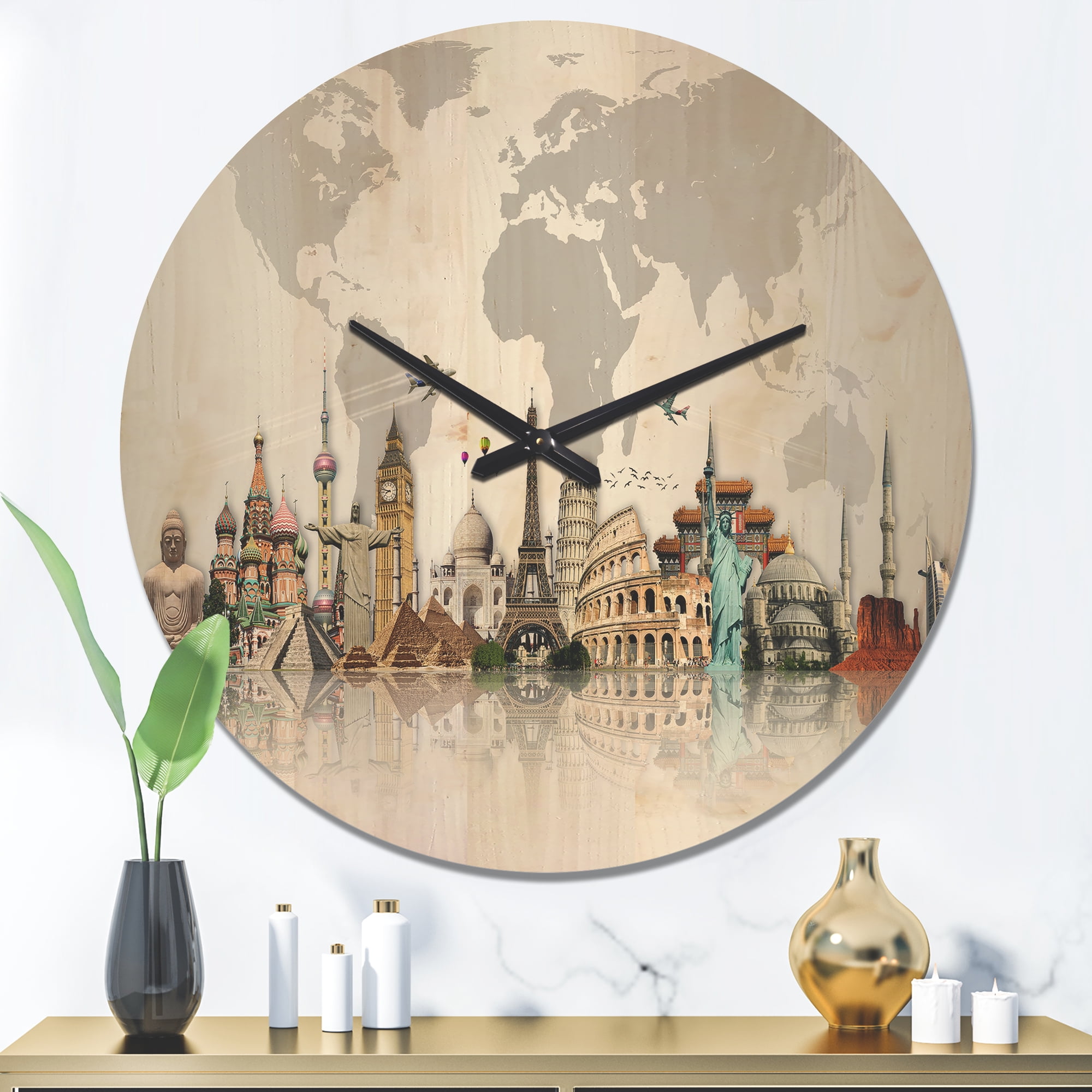 Designart 'World Famous Monuments' Modern Wood Wall Clock