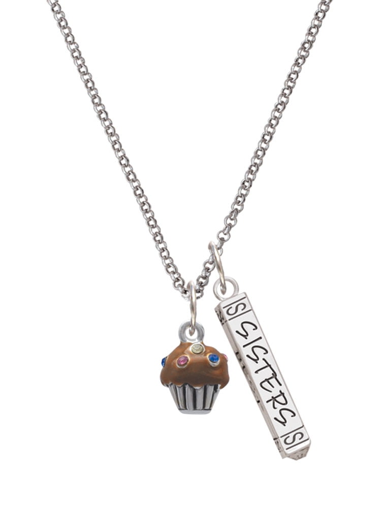 Delight Jewelry Silvertone Small Chocolate Cupcake with Crystal Sprinkles Silvertone Sisters Best Friends Forever Bar Charm Necklace, 23"