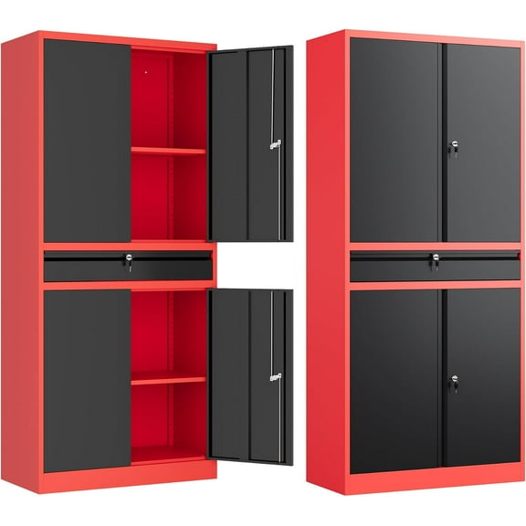 Letaya Metal Garage Storage Cabinet with Drawer,4 Door Tool Cabinet with Adjustable Shelves for Garage Home Office Utility Room (Red)