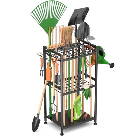 Garden Tool Organizer Rack with Hooks,Holds Up to 35 Long-Handled Tools, Rakes and Brooms, Metal Steel Stand for Shed or Outdoor Storage Backyard