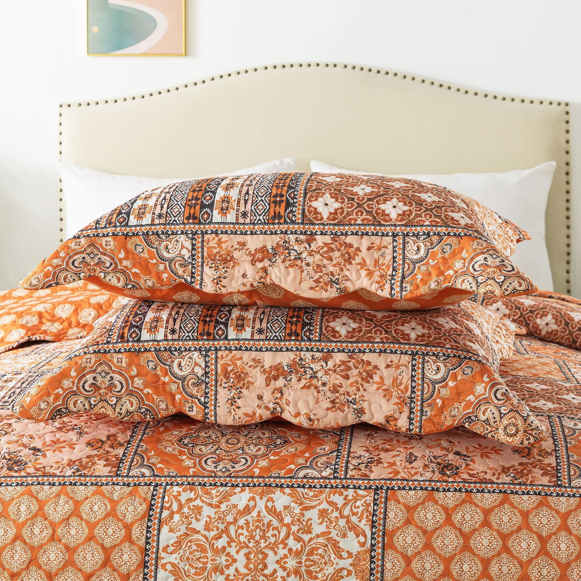 HoneiLife Quilts King Size - 3 Piece Microfiber Quilt set Reversible Bedspreads Patchwork Coverlets Floral Bedding Set All Season, Orange