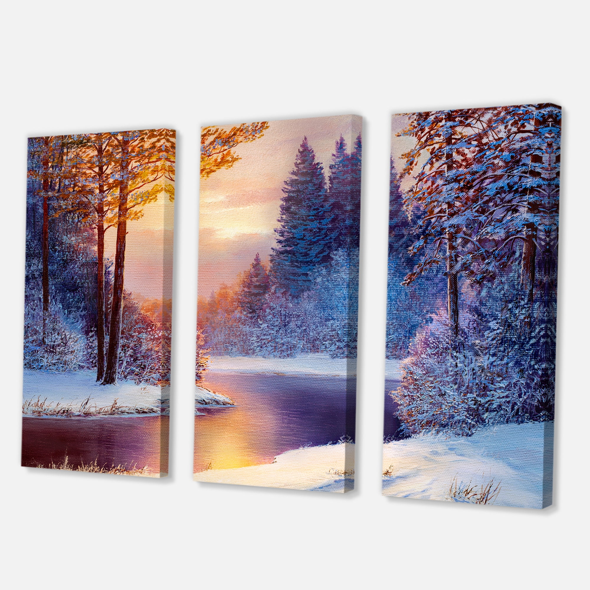 Designart ' Dark Blue Silhouettes of Trees With Winding River ' Lake House Canvas Wall Art Print